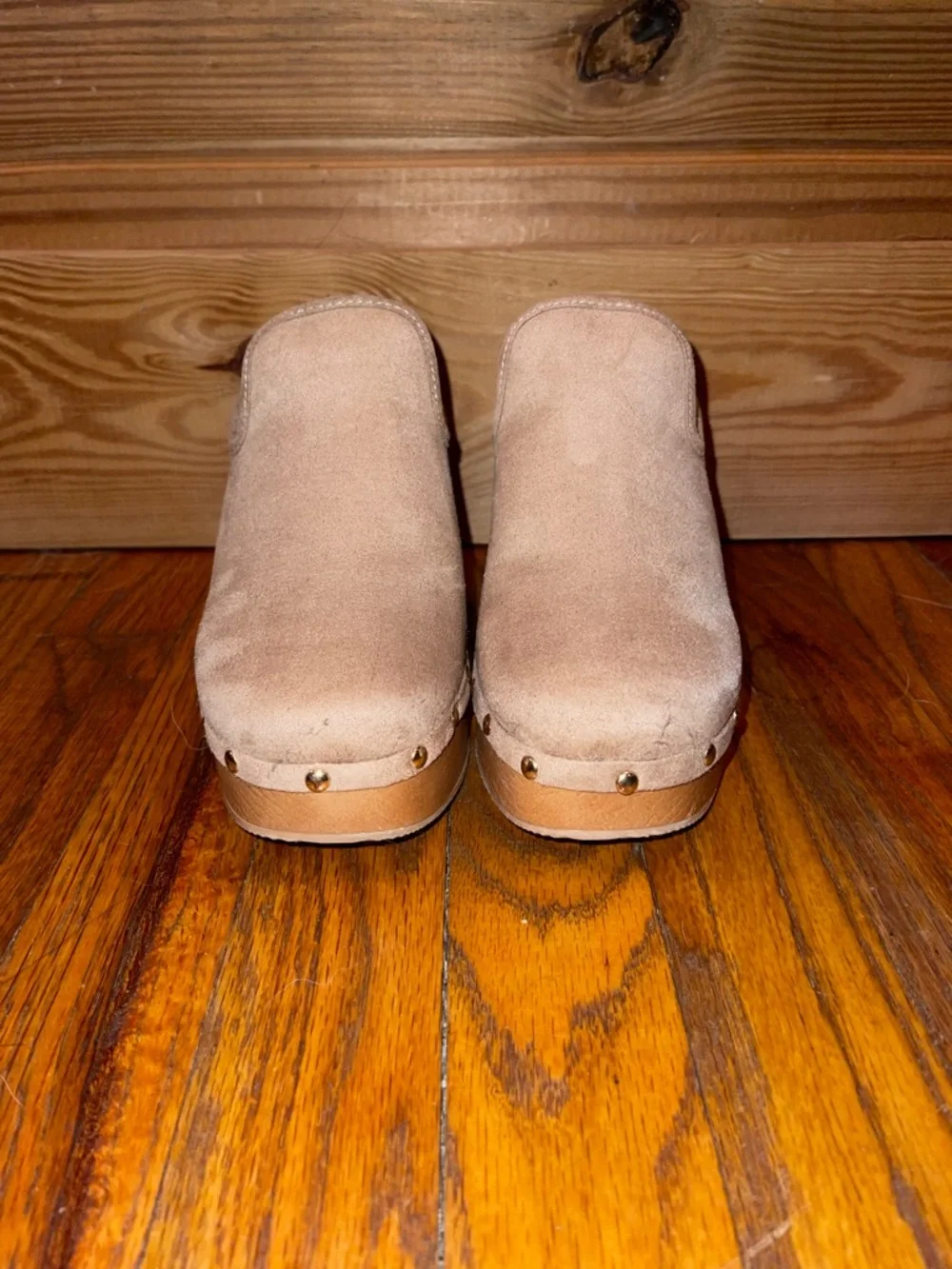 Women's Suede Beige Platform Wedge Clogs - Picture 2 of 4